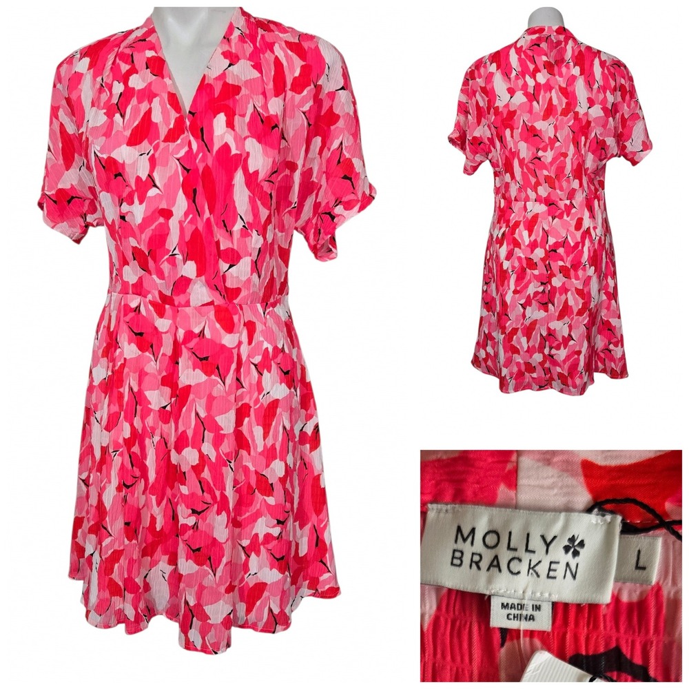 Molly Bracken Pink Louise Abstract Floral Wrap V-Neck Mini Dress Large NEW
